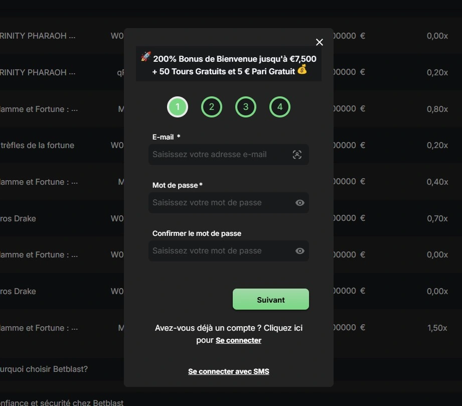 Ouverture de compte rapide avec le formulaire d’inscription de Betblast Casino